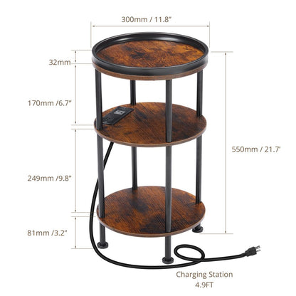 Small Round Side Table with Charging Station for Small Spaces, 3-Tier Round Accent Table with USB Ports & Power Outlets, Corner Table Sofa End Table for Living Room Bedroom (USB Charger, Rustic Brown)