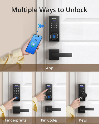 Philips Smart Lock with Handles, Keyless Entry Door Lock Set, Keypad Door Lock with 2 Level Handles, Digital Keypad Deadbolt for Front Door, App Fingerprint PIN Code Unlocking, Auto Locking