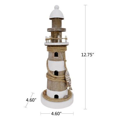 Linfevisi Wooden Lighthouse Decor with Light Tabletop Nautical Decor Solid Wood Light Houses Statue Figurines Inside Standing Coastal Beach Decoration Ocean Sea Theme Home Bathroom 12.75 Inch