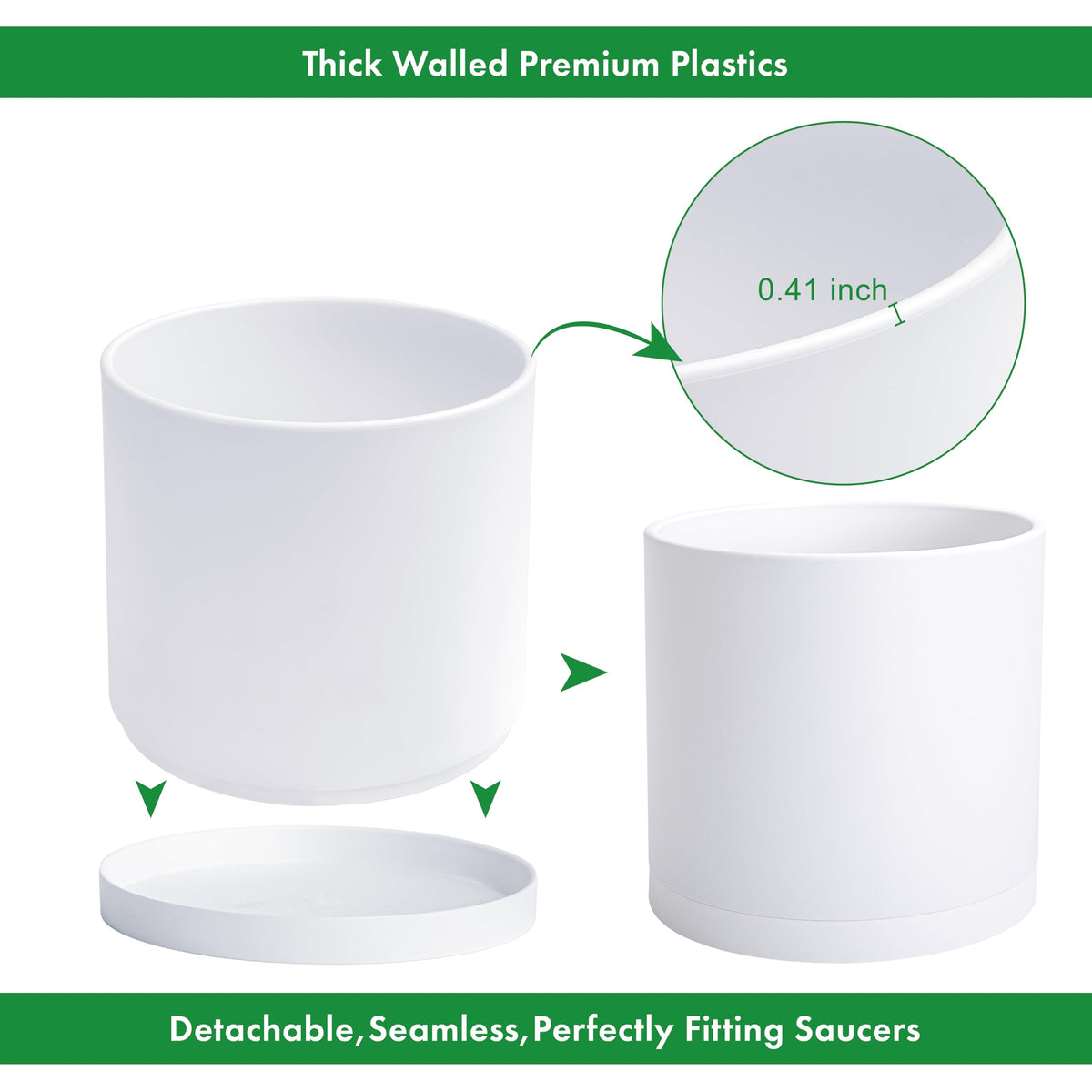 D'vine Dev 14 Inch White Plastic Planter Pots for Plant Pot with Drainage Hole and Seamless Saucers, 74-X-A-4