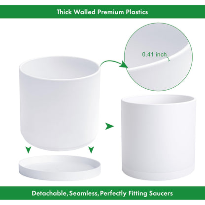 D'vine Dev 14 Inch White Plastic Planter Pots for Plant Pot with Drainage Hole and Seamless Saucers, 74-X-A-4