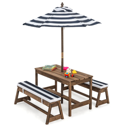 Kids Picnic Table Set with Benches and Umbrella, Foldable Wooden Table and Chair Set for Indoor and Outdoor Use, Playroom Furniture for Toddlers, Children, Baby (Blue)