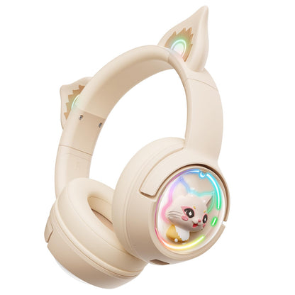 PHNIXGAM Cat Bluetooth Headphones, Wireless Headset with Mic, RGB LED Light Compatible with Mobile Phones PC Tablet, with 3.5mm Wired Mode for Audio Only, Beige