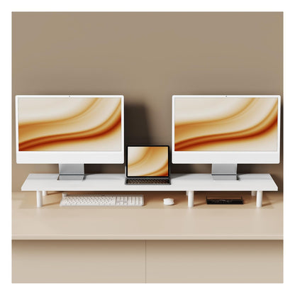 WEGASTU Large Dual Monitor Stand Riser 43.3IN，White Home Office Storage For Desk Accessories，Solid Wod Desk With Adjustable Legs For computer/PC/Laptop/Printer/Container/dressing table