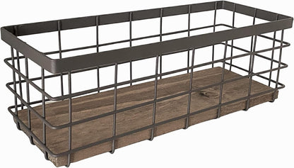 HUA HUALINK- Small Metal Wire Storage Basket, Detachable Wood Base Storage Organizer Bin Basket for Kitchen Cabinets, Bathroom, Pantry, Garage, Laundry Room - Brown