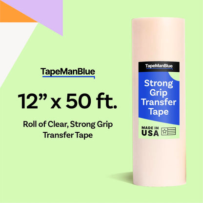 TapeManBlue Strong Grip Transfer Tape - 12" x 50' Roll of Ultra High Tack Transfer Tape for Glitter Vinyl, Holographic Vinyl, and Textured Decals, Letters & Stickers, Made in USA
