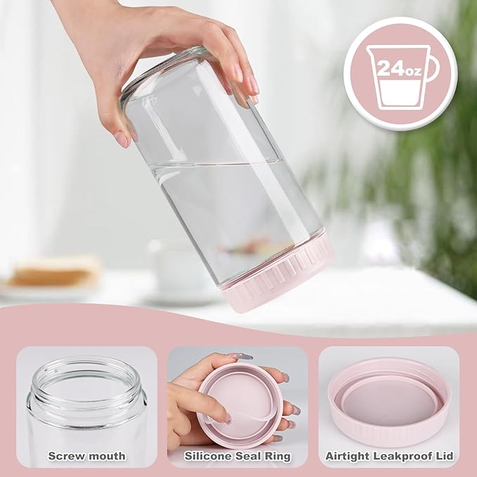 SHOWIN Overnight Oats Containers with Lids, 24oz Glass Jars with Lids 4 pcs, Pink, Wide Mouth Mason jars for Salad, Yogurt, Snacks, Meal Prep