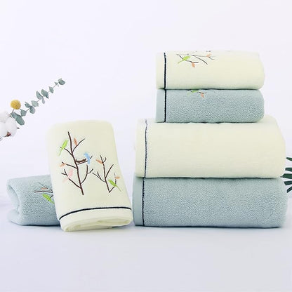 Pidada Hand Towels Set of 4 Embroidered Bird Tree Pattern 100% Cotton Absorbent
