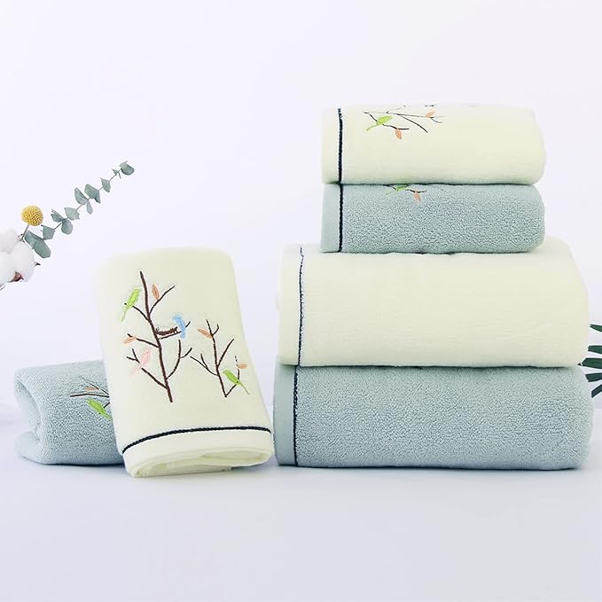 Pidada Hand Towels Set of 2 Embroidered Bird Tree Pattern 100% Cotton Absorbent