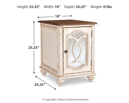Signature Design by Ashley Realyn Chairside End Table, Living Room Side Table, Antique Two-Tone Mirrored Door, Ash Veneer, Wood and Engineered Wood, White/Brown, 18"W x 24"D x 25"H