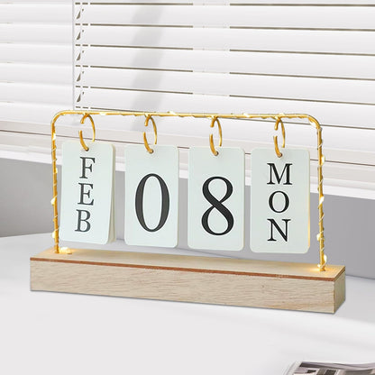 AUSTUFF Flip Wooden Perpetual Calendar Metal Desk Calendar 2025 Daily Desktop Calendar Monthly Weekly Year Planner Standing Office Home Desk Decor
