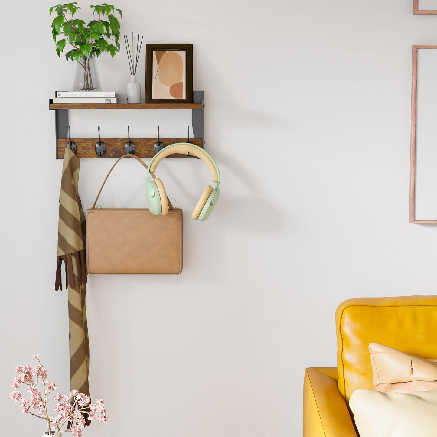 FNBAR Wall Hooks with Shelf, Wood Coat Rack with Shelf Wall-Mounted, Entryway Hanging Shelves with 5 Metal Hooks for Clothes Hats Towel Purse Robes, Bathroom Mudroom Bedroom, Rustic Brown
