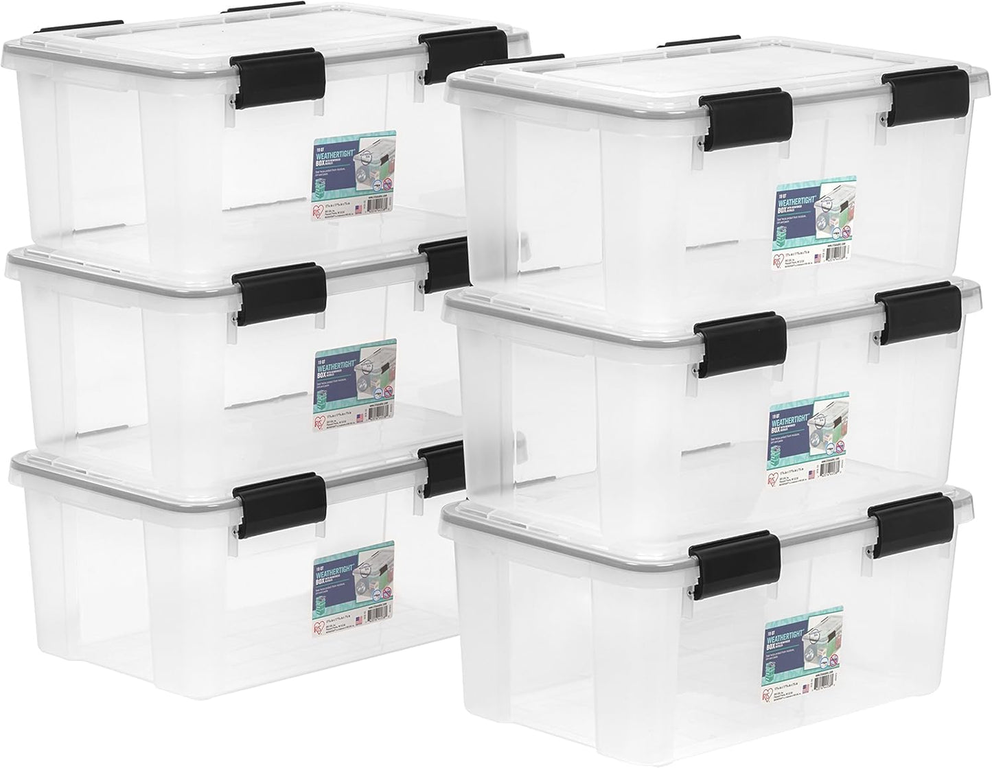 IRIS USA WeatherPro 19 Qt Storage Bins with Lids, 6 Pack, BPA-Free Plastic Gasket Box with Tight Latch and Seal, Stackable Nestable Tote Tub - Clear/Black