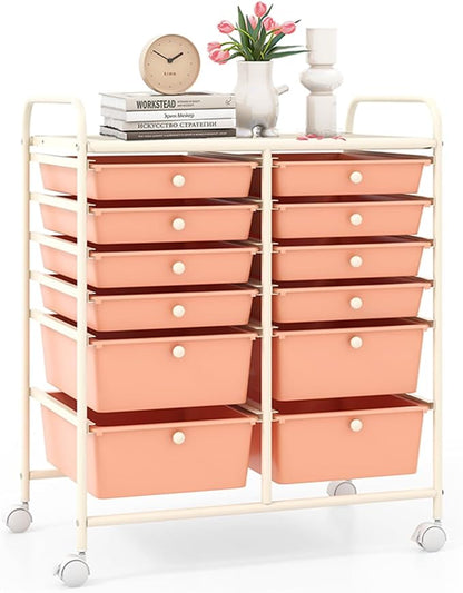 LDAILY 12 Drawer Rolling Storage Cart, Craft Cart Organizer on Wheels w/Metal Frame, Large Capacity & Smooth Drawer, Rolling Cart w/Drawers for Classroom, Office