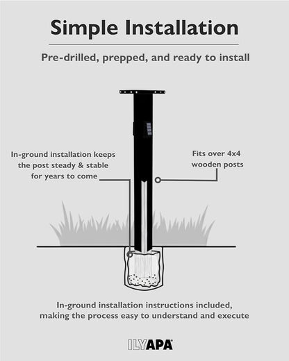 Ilyapa Black Metal Mailbox Post for Outside with Solar Address Sign for Houses, 43x4x4 Mail Box Post Sleeve with Solar Light for House Numbers with Two Universal Mounting Plate Brackets