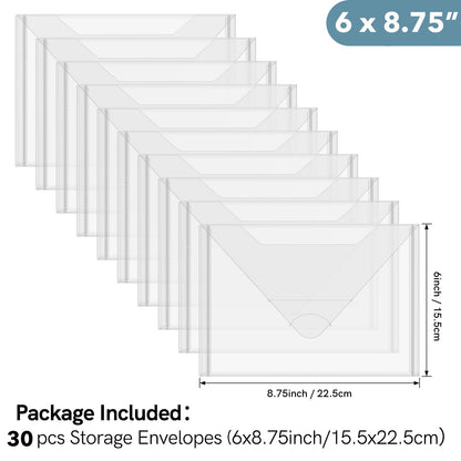 Briartw 30 Pack Storage Bag,Resealable Plastic Envelopes Pockets for Cutting Dies Stencil Crafts Organizer Holder,6x8.75"Clear Storage Envelopes for Clear Stamp,Die Cuts,Scrapbook Paper