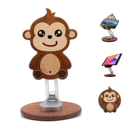 Agicogeo Cartoon Phone Stand with 360° Rotation, Adjustable Cute Desk Organizer for Home Office, Warm Decor Accessories, Wooden Tablet Holder (Monkey)