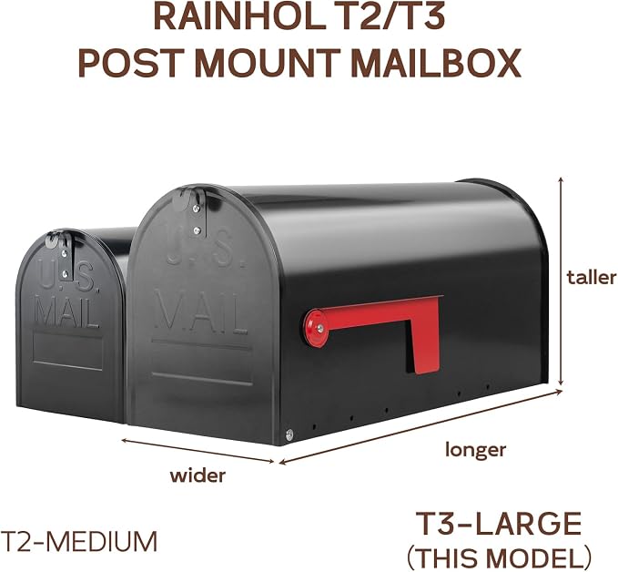 Large Mailboxes for Outside, RAINHOL Black Metal Mailbox, Galvanized Steel Post Mount Mail Box, T3 Large Capacity, 23 x 10.7 x 8.9 Inches