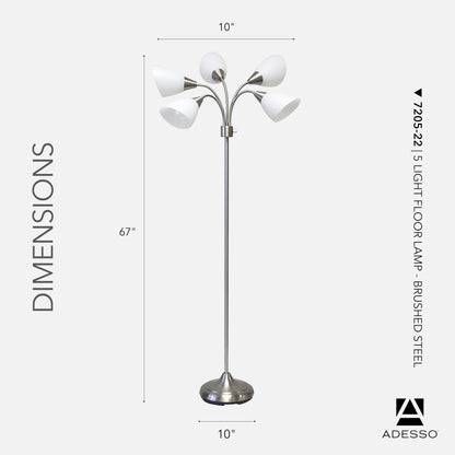 Adesso Floor Lamp with 5 Movable Shades & Adjustable Brightness – Perfect Lighting for Bedroom Decor, Beauty & Art Studio, Silver