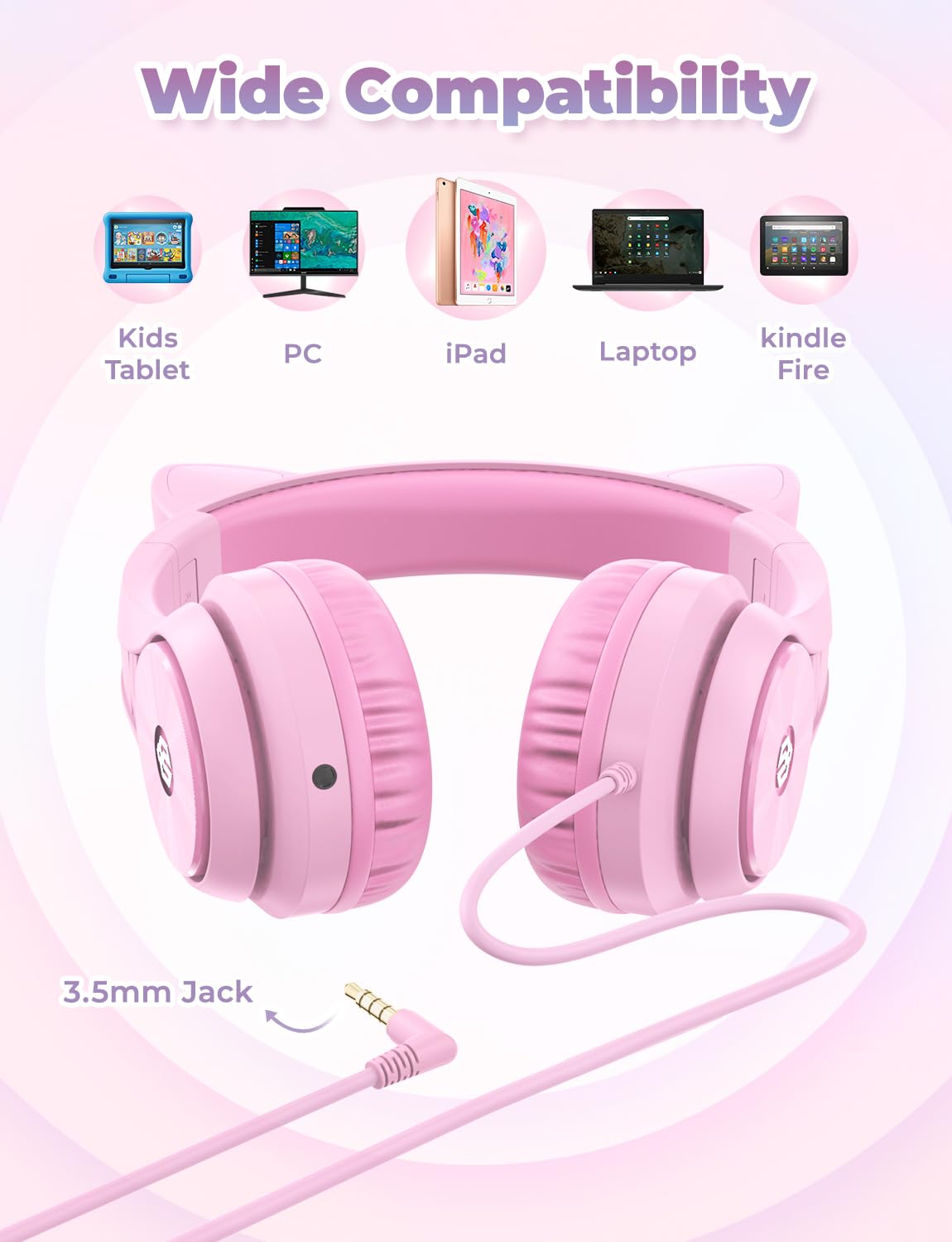 iClever Kids Headphones with Cat Ear Led Light Up, Safe Volume Limite, FunShare, Foldable, Over-Ear Headphones for Kids for School/iPad/Tablet/Travel, Meow Donut-Pink