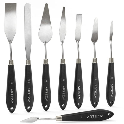 Arteza Palette Knives 8-Pack, Sizes No. 1, 25, 7, 15, 39, 23, 17, 21, Durable Stainless Steel Blade & Break-Resistant Wooden Handle, Art Supplies for Oil & Acrylic Painting