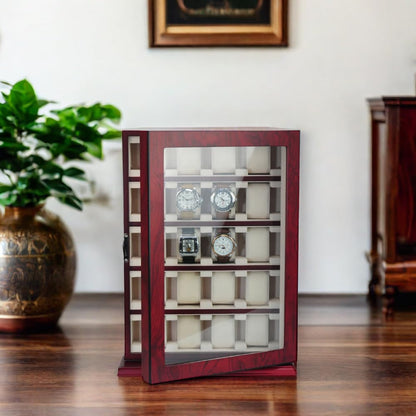 TIMELYBUYS 20 Piece Cherry Wood Watch Display Wall Hanging Case and Storage Organizer Box and Stand for Oversized Watches