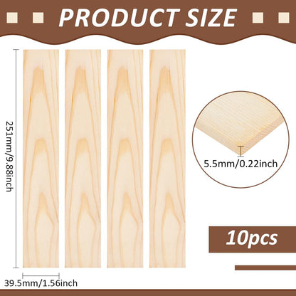BENECREAT 10pcs Unfinished Wood Blocks, 10 x 1.5inch Rectangle Pine Wood Board, 5.5mm Thick Sheets Carving Blocks for Arts Crafts DIY, Paintings Panel