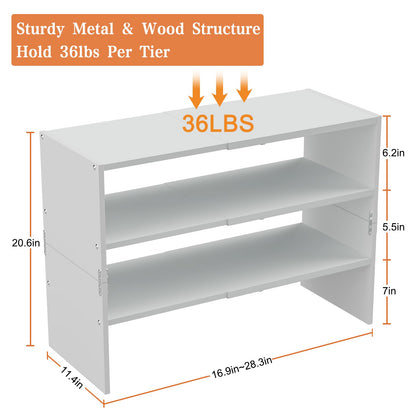 White Shoe Rack Organizer for Closet, 3-Tier Expandable Shoe Shelf, Stackable Iron Wood Combination Shoe Racks Shelves for Closets, Entryway,Small Space,Hallway,Garage,Holds 8-16 Pairs of Shoes