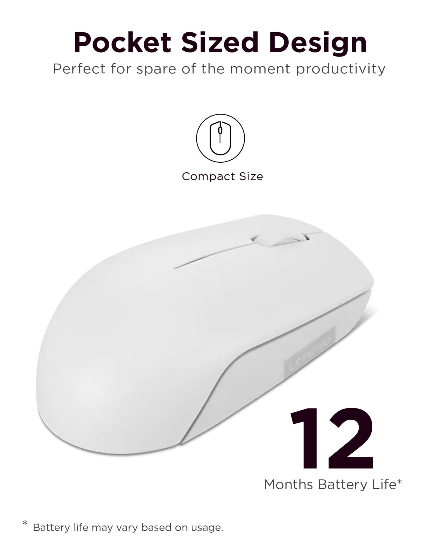 Lenovo 300 Wireless Mouse – Computer Mouse for PC, Laptop with Windows – Ambidextrous Design – 2.4 GHz Nano USB Receiver – 12 Month Battery Life