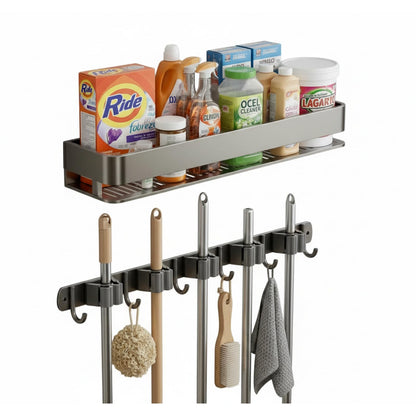 Wall Mount Organizer with Heavy-Duty Hooks and Sturdy Shelf - Holds Brooms, Mops, Vacuums & Cleaning Supplies. Perfect for Laundry Room Organization, Garage Storage, and Closet Shelving（24 inches）