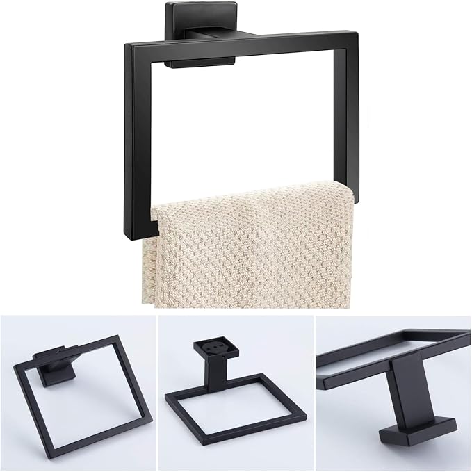 JOPOFI 2-Piece Towel Ring - Thicken Stainless Steel Towel Holder, Towel Racks for Bathroom, Square Modern Design Hand Towel Holder, Contemporary Hand Towel Bar - Matte Black