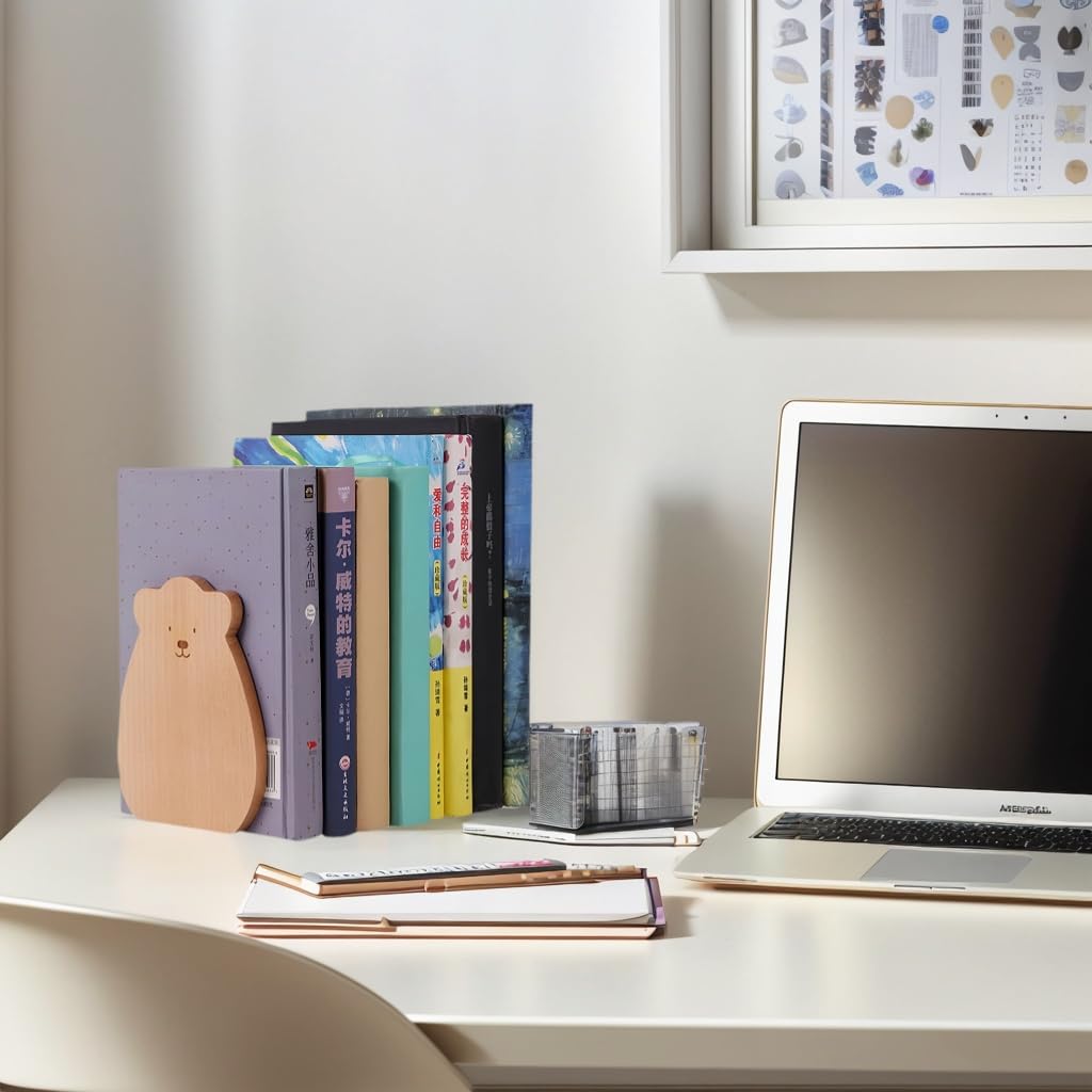 Cute Bear-Shaped Book Ends for Shelves, Detachable Design Bookends for Heavy Books, with Anti-Slip Foam Pads, an Ideal Gift for Book Fans (Pack of 2,Beech Wood Bear)