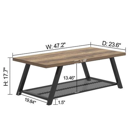 FOLUBAN Coffee Table with Storage, Modern Rustic Wood and Metal Coffee Tables for Living Room, Industrial 2-Tier Center Tea Cocktail Table, Oak, 47 Inch