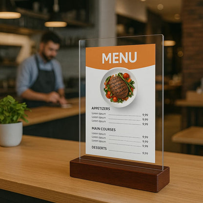 GALIIV Acrylic display stands. For 11 x 8.5 brochures with 2 card holders and wooden base, ideal for displaying restaurant menus, office brochures, and business cards.