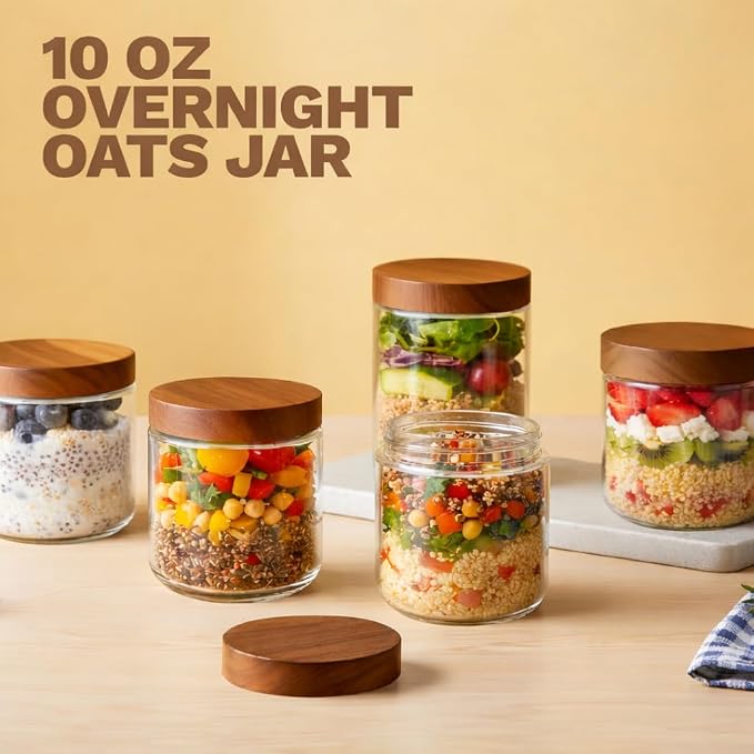 Bumobum 10 oz Glass Mason Jars with Lids, Glass Container with Acacia Wood Airtight Lid, Wide Mouth Canisters for Chia Pudding Loose Tea Coffee Meal Prep Parfait Salad Snacks Yogurt Spice, 12-Pack