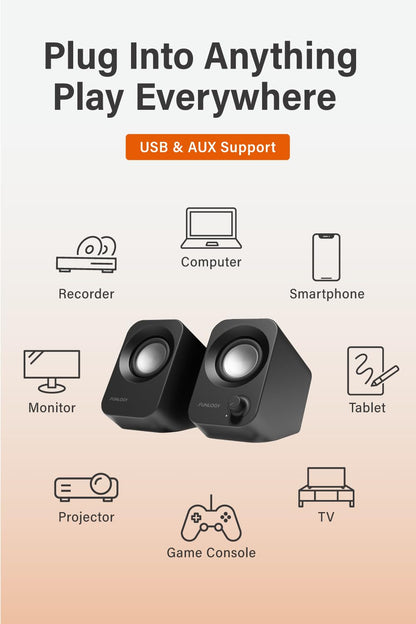 FUNLOGY Speaker - 14W Stereo PC Speakers, USB Powered, Compact Size with 30° Tilt Design, Volume Dial Control, for Desktop, Laptop, Monitor, Gaming Consoles, Black