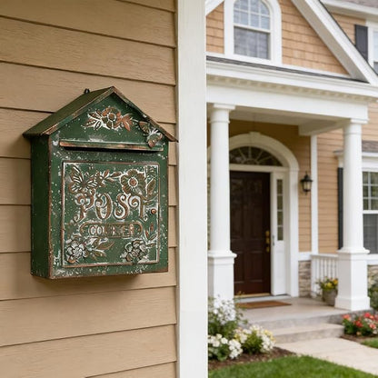 Vintage Green Wall Mount Mailbox for Outside, Metal Post Box Decorative Antique Style Mail Drop Box for House Decor(Dark Green)