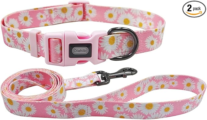 Dog Collar Leash Set, Floral Pattern, Polyester Material, Adjustable Collar and 5ft Matchcing Leash, for Large Dogs.(L, Light Pink Daisy)