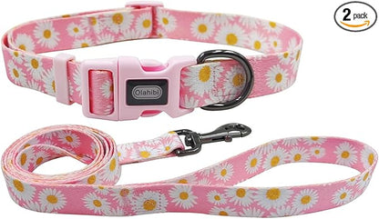 Dog Collar Leash Set, Floral Pattern, Polyester Material, Adjustable Collar and 5ft Matchcing Leash, for Large Dogs.(L, Light Pink Daisy)