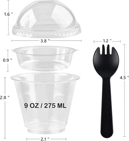 Zezzxu 50 Pack 9 oz Disposable Parfait Cups with Dome Lids No Hole, Toppings Compartment and Spork, Yogurt Conatiner with Granola Holder for Take Away Breakfast and Snacks, No Leaking