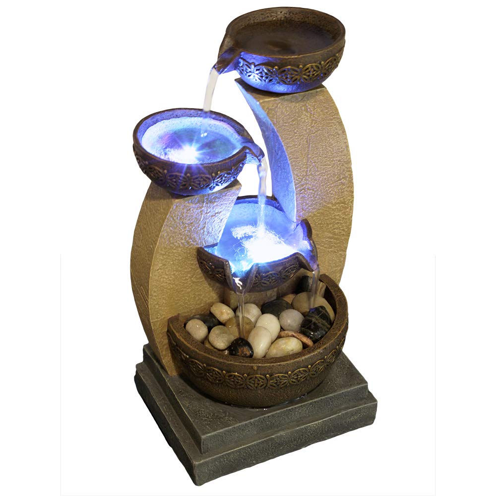 11" H Golden Tiered Bowl Fountain with Color Changing LED Lights with Adapter Brown