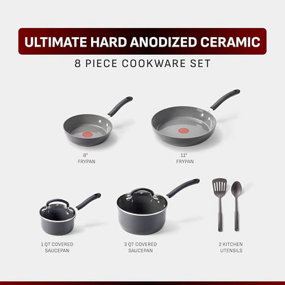 T-Fal Ultimate Hard Anodized Ceramic Nonstick 8 Piece Cookware Set, Oven Safe Up to 400°F, Dishwasher Safe, Pots and Pans Set, Includes Frying Pans, Saucepan, Cooking Utensils, Stone