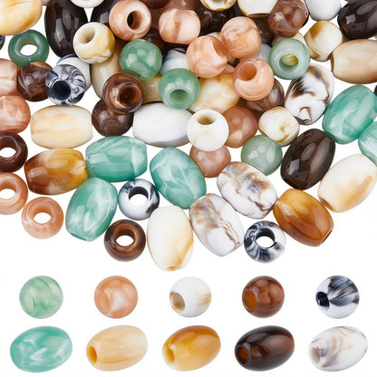 PONABEADIY 1 Box 150PCS Acrylic Large Hole Hair Beads Round Oval Opaque European Imitation Painted Stone Loose Spacer Polished Barrel Macrame Bead Bulk for Jewelry Making Bracelet Necklaces DIY Craft