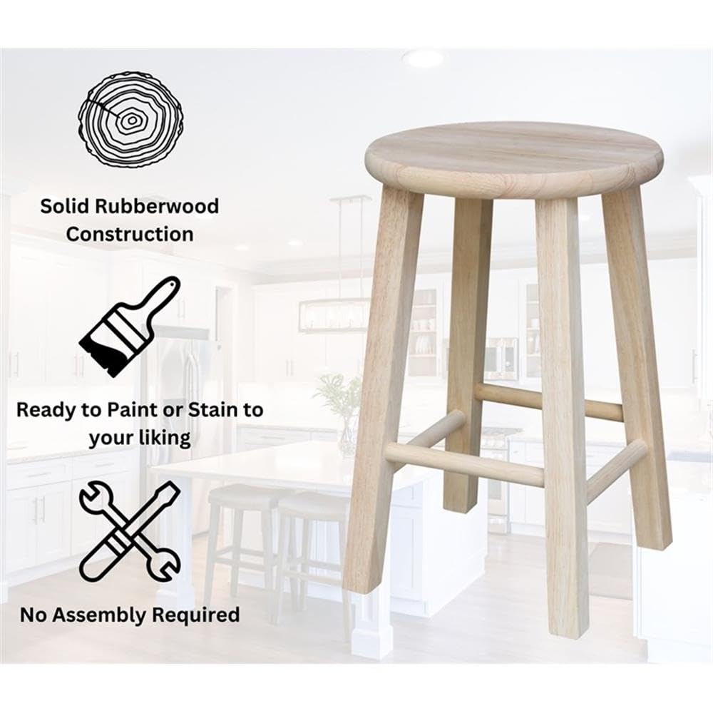 International Concepts Round Top Bar Stool, 18-Inch Seat Height, Solid Parawood, Unfinished