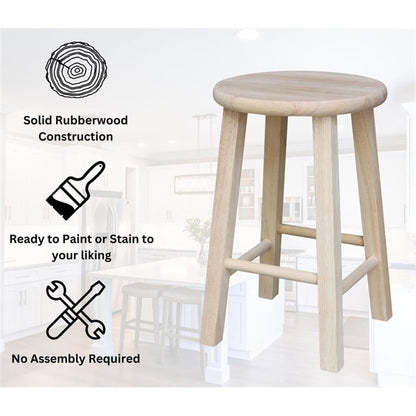 International Concepts Round Top Bar Stool, 18-Inch Seat Height, Solid Parawood, Unfinished