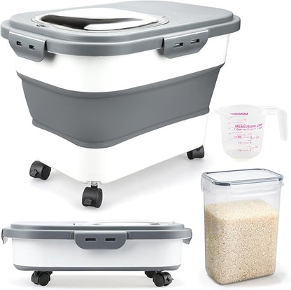 Komzon Rice Storage Containers, Collapsible 20 to 30Lbs Food Storage Bin Dispenser with Rolling Wheel and Clear Airtight Lid, BPA Free Flour, Sugar, Cereal and Dog Cat Pet food Containers