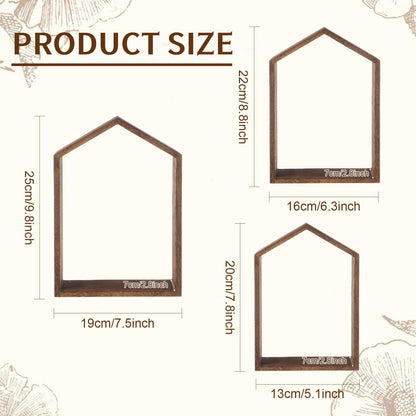 Threehoney 3 Set Wall Shelf 9.8 x 7.1 Inch Wooden Hanging Shelf Deep Display Storage Shelves Floating Shelves for Home Office Room Mini Figures Potted Plants Wall Decor(House,Brown)