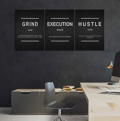 Large Success Quote Inspirational Wall Art Motivational Grind Hustle Execution Painting Entrepreneur Office Posters Prints Canvas Artwork 3 Panels Wall Decor for Office Framed Ready to Hang- 24"x36"x3