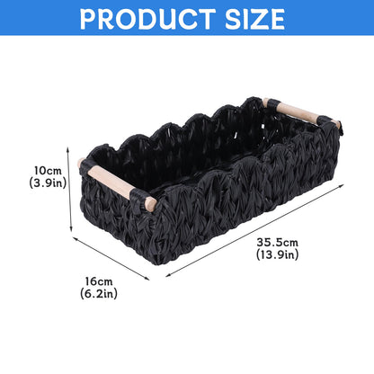 Duimbok Black Paper Rope Woven Basket, Scalloped Edge Toilet Paper Holder with Wooden Handles, Farmhouse Bathroom Storage for Over Toilet Shelf, End Table, Cozy Bedroom Decor