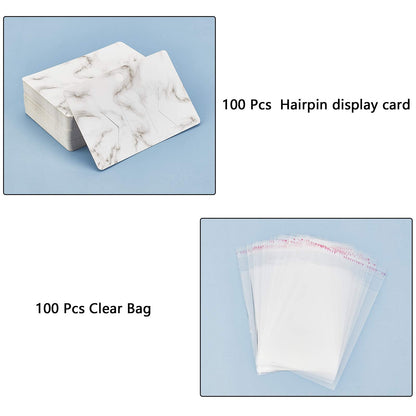 PH PandaHall 100pcs Hair Bow Holder, Marble Pattern Hair Clip Display Cards 3.9x2.5” Rectangular Cardboard Hair Clip Hanger with 100pcs OPP Bags for Jewelry Hair Accessory Selling Small Business